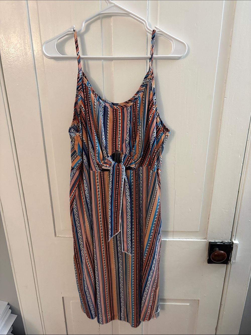 Striped Tie-Waist Midi Dress in Blue, Orange & Tan